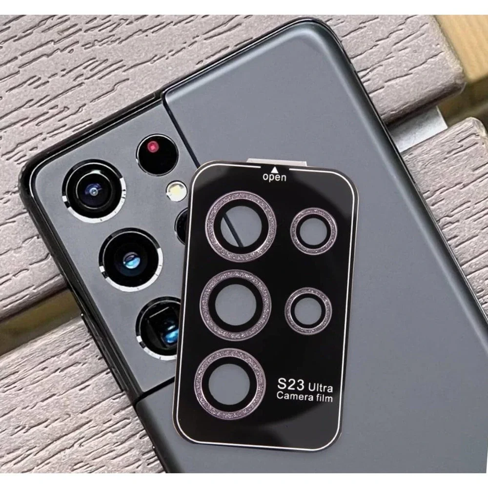 Sparkly Camera Lens Covers For S23 Ultra Pink Glitter Fingerprint Tempered Glass